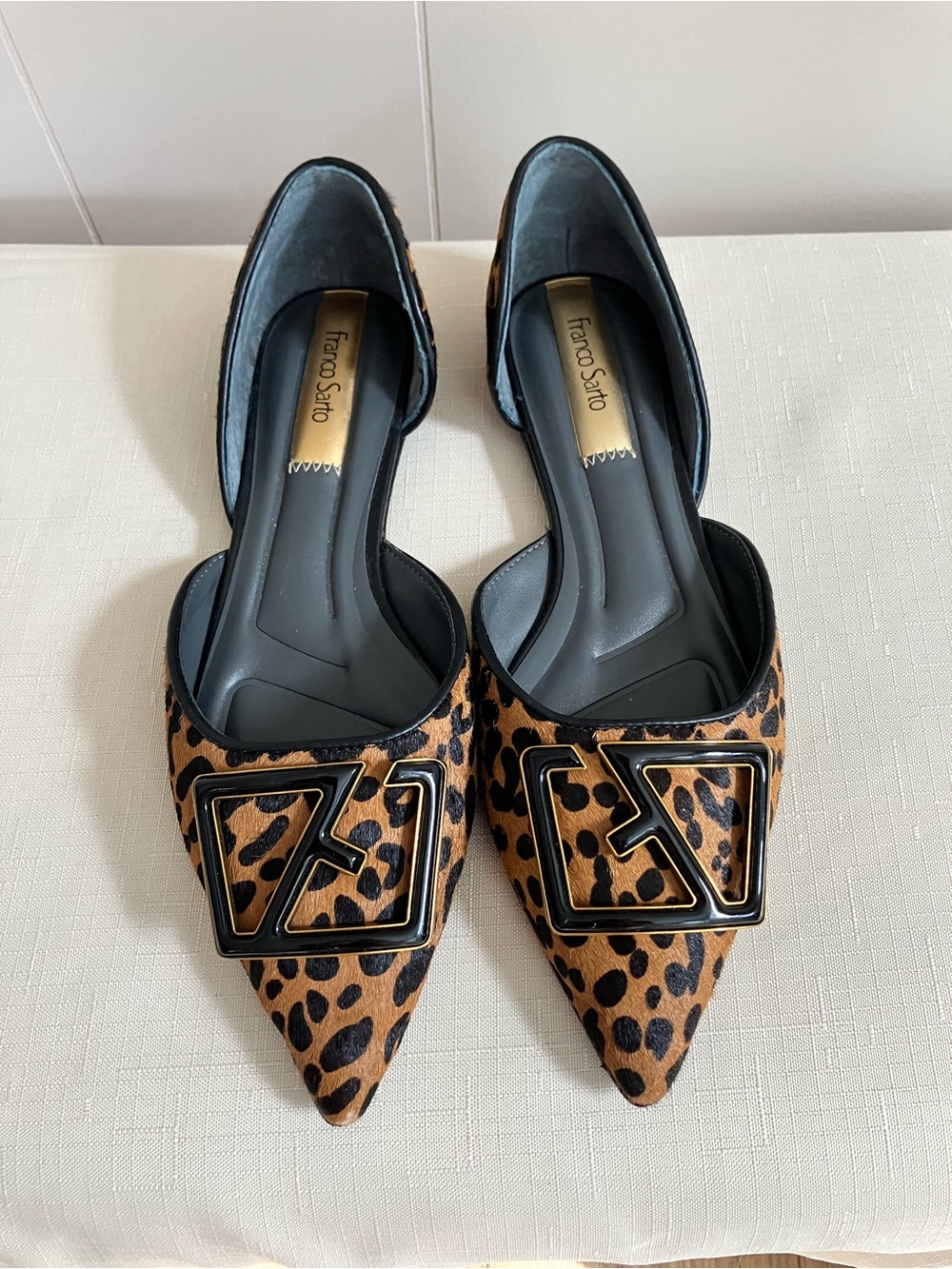 Franco Sarto Leopard-Print Pointed D'Orsay Flats Calf Hair w/ Buckle Detail